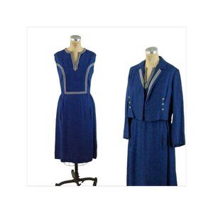 1970s Vera Maxwell designer dress and cropped jacket navy blue silk set Size L